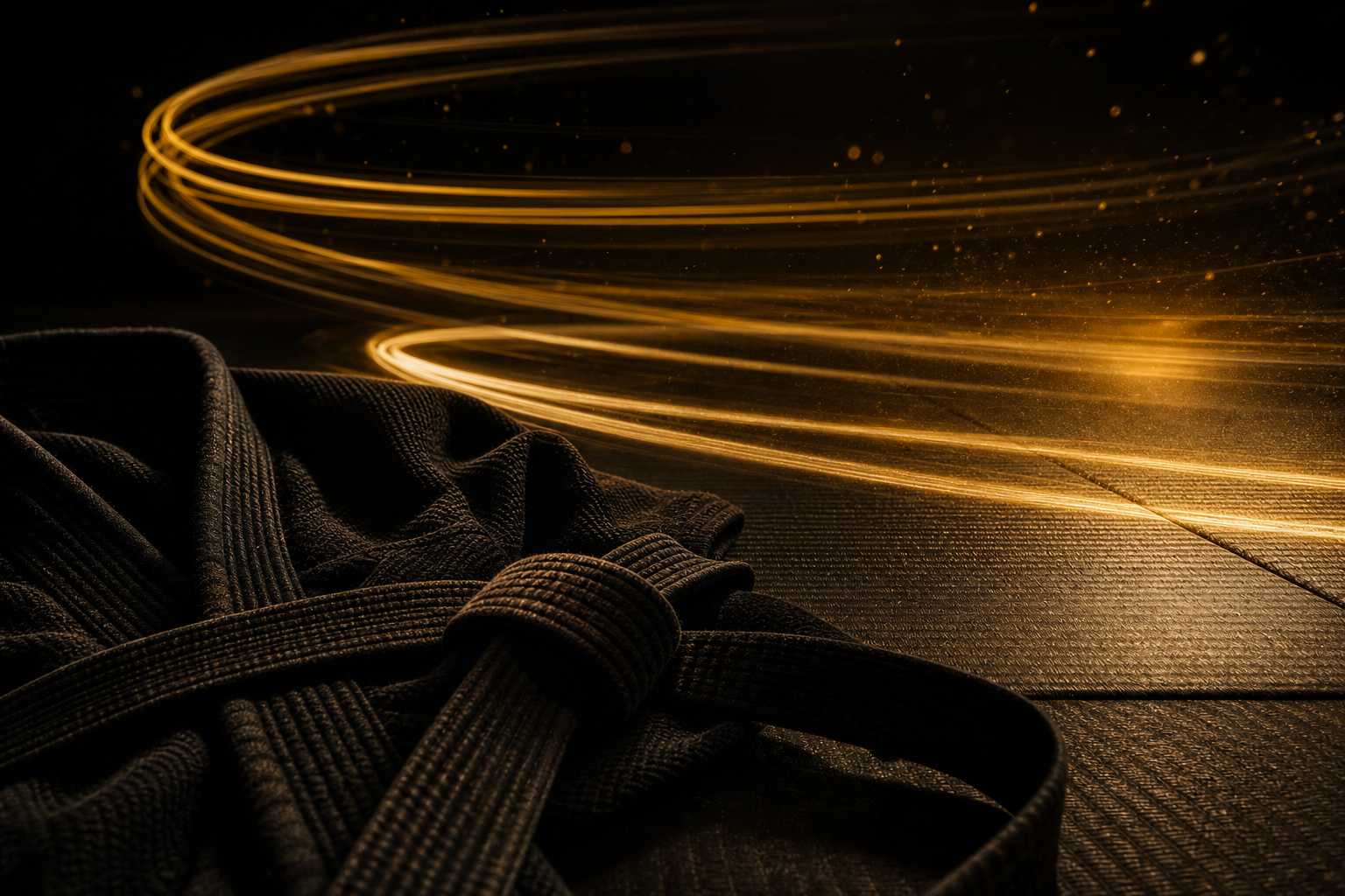 Ilustração de faixa de jiu-jitsu com trilhas de luz douradas, representando a constância de uma rotina de treino que se sustenta
